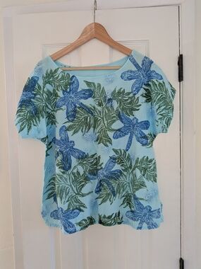 Women's Blue Dragonfly Print Linen Short Sleeve Shirt Size Large